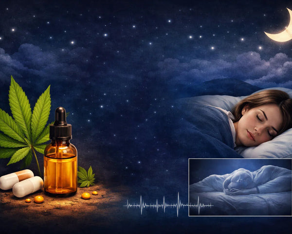 Sommeil serein et CBD : femme endormie, huile de cannabidiol et feuille de chanvre pour un repos nocturne apaisé.
