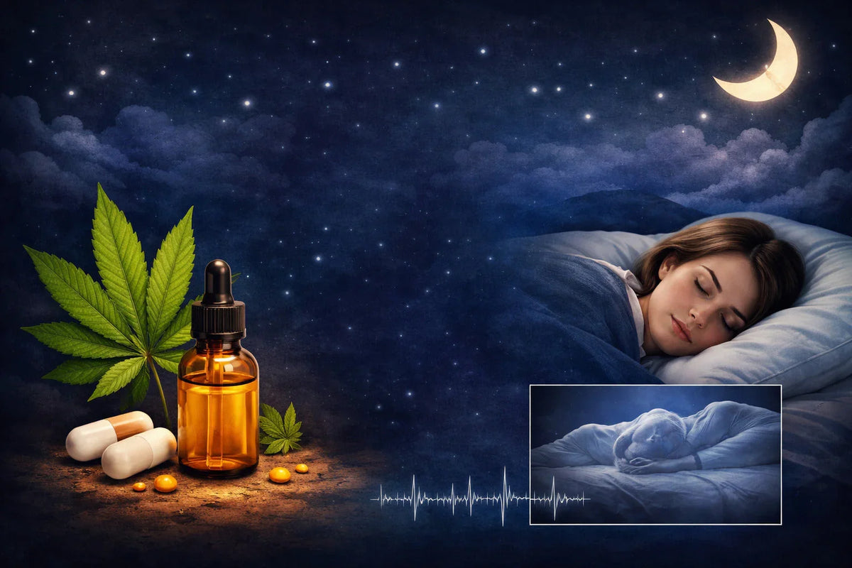 Sommeil serein et CBD : femme endormie, huile de cannabidiol et feuille de chanvre pour un repos nocturne apaisé.