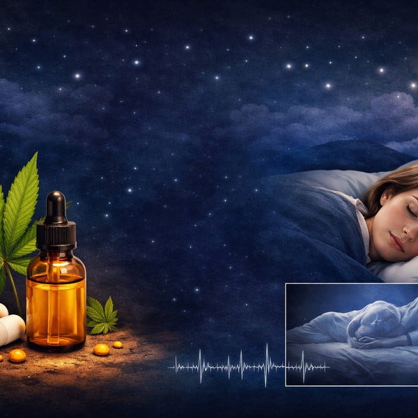 Sommeil serein et CBD : femme endormie, huile de cannabidiol et feuille de chanvre pour un repos nocturne apaisé.