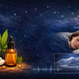 Sommeil serein et CBD : femme endormie, huile de cannabidiol et feuille de chanvre pour un repos nocturne apaisé.