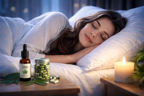 Femme dormant profondément dans une chambre apaisante avec huile de CBD, illustration du CBD pour améliorer le sommeil et lutter contre l’insomnie.