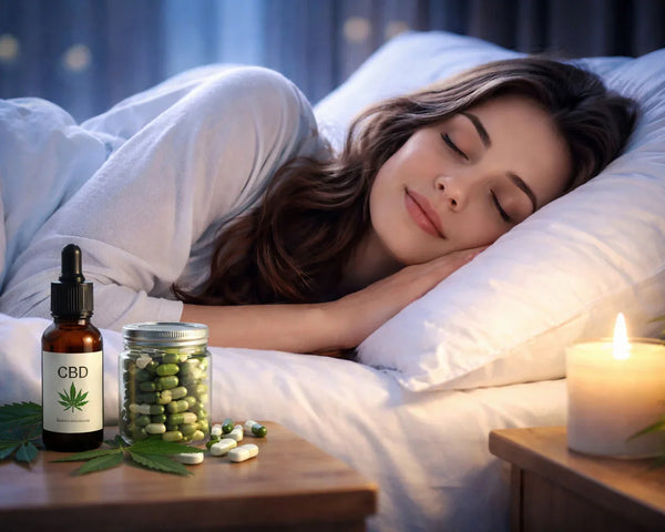 Femme dormant profondément dans une chambre apaisante avec huile de CBD, illustration du CBD pour améliorer le sommeil et lutter contre l’insomnie.