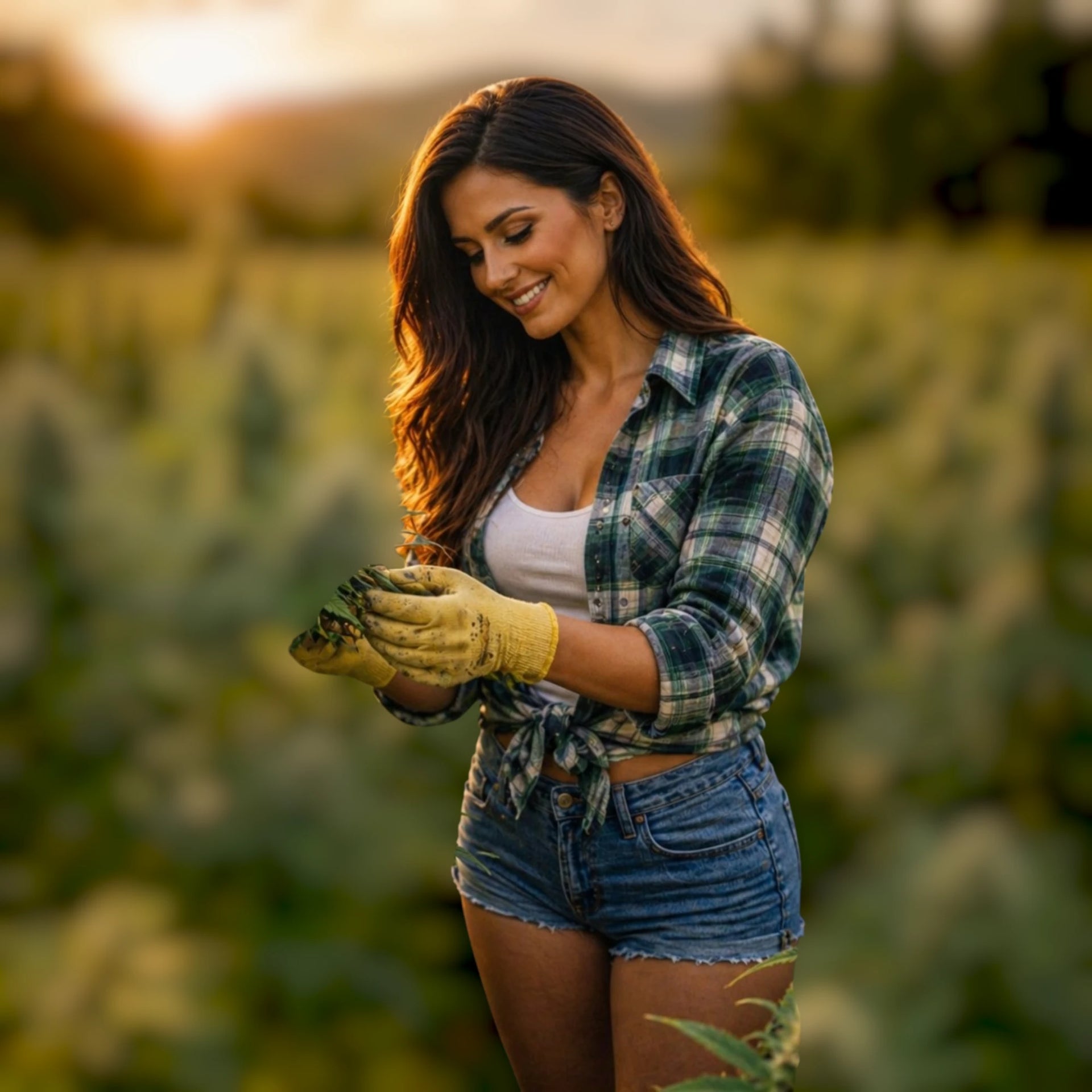 Femme inspectant des plantes dans un champ avec gants de jardinage, culture en extérieur.